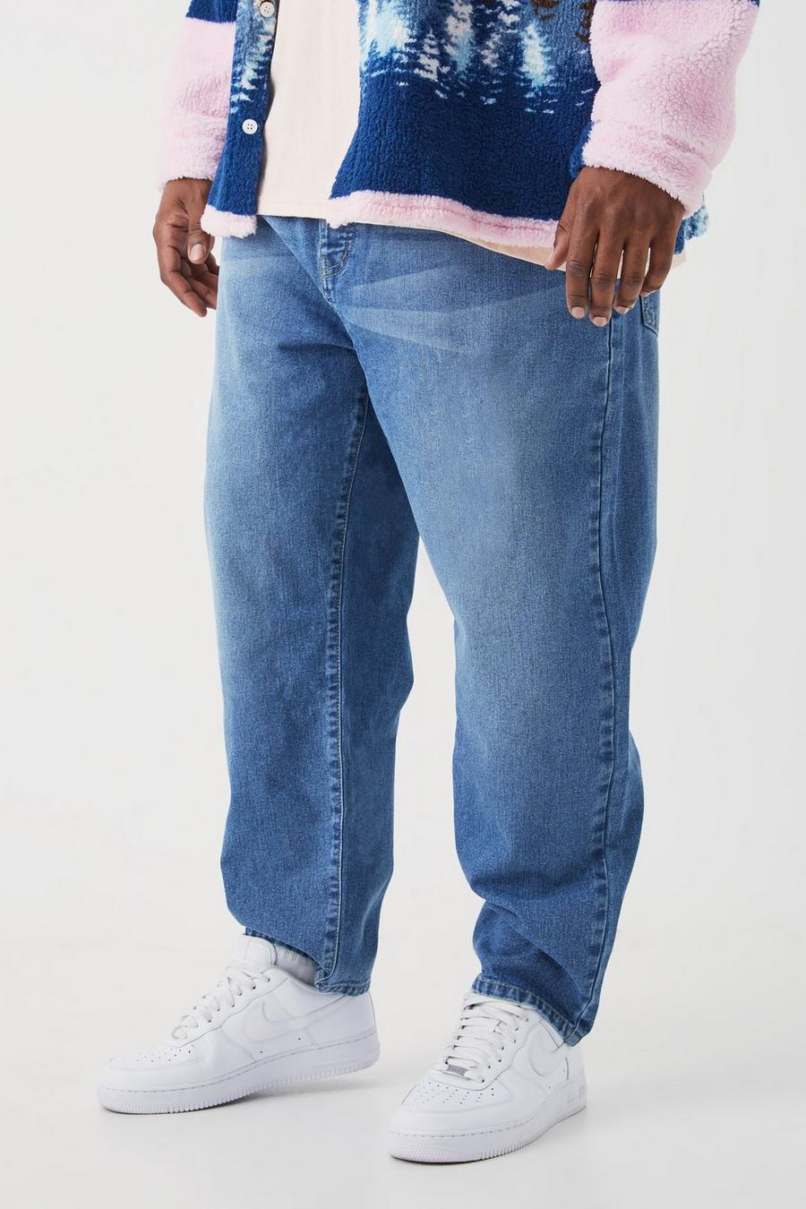 Mid blue Plus Tapered jeans i rigid denim
