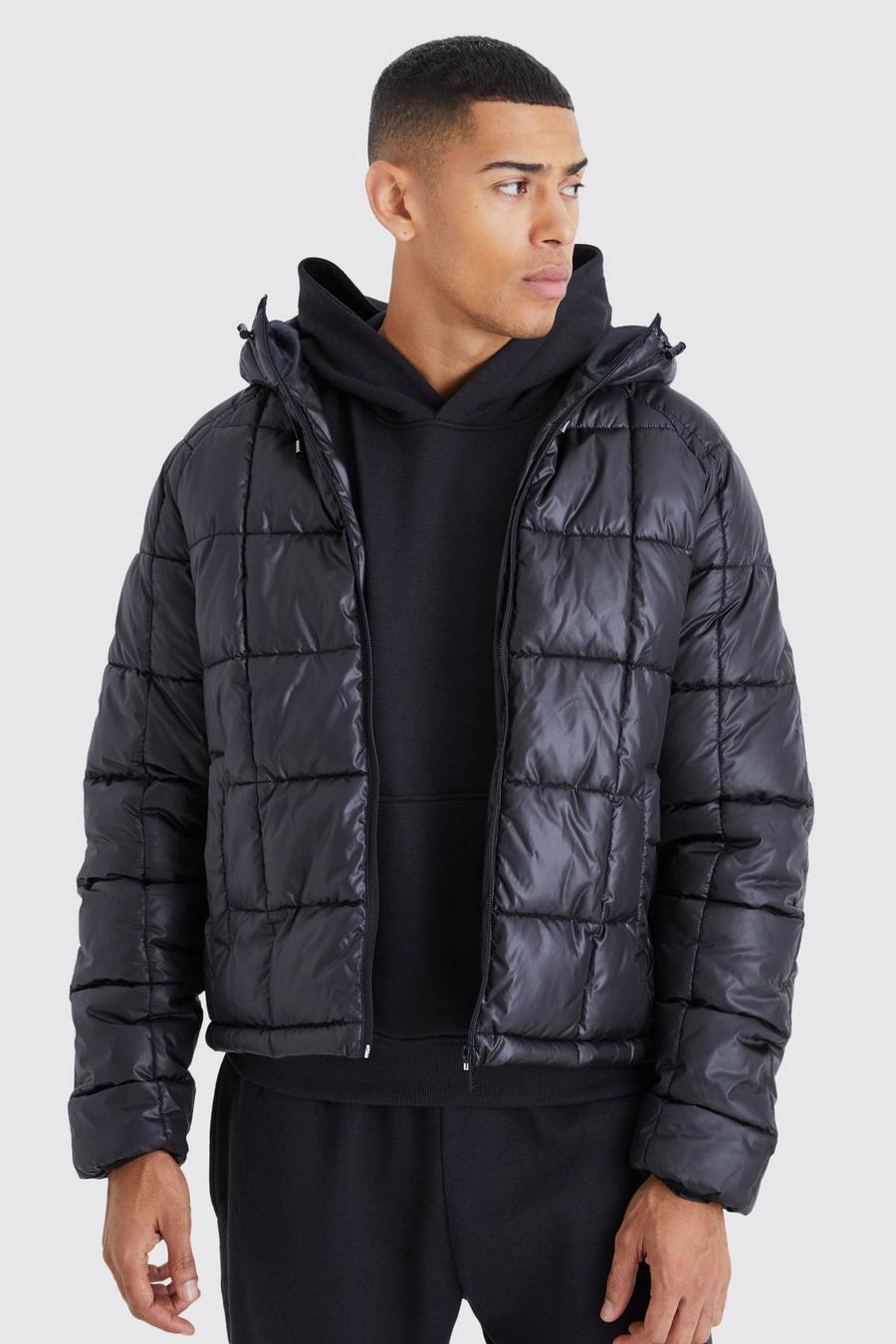 Black Boxy Square Quilted Puffer With Hood image number 1