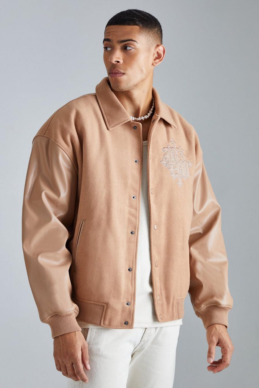 Taupe Bm Melton & Pu Collared Varsity Jacket