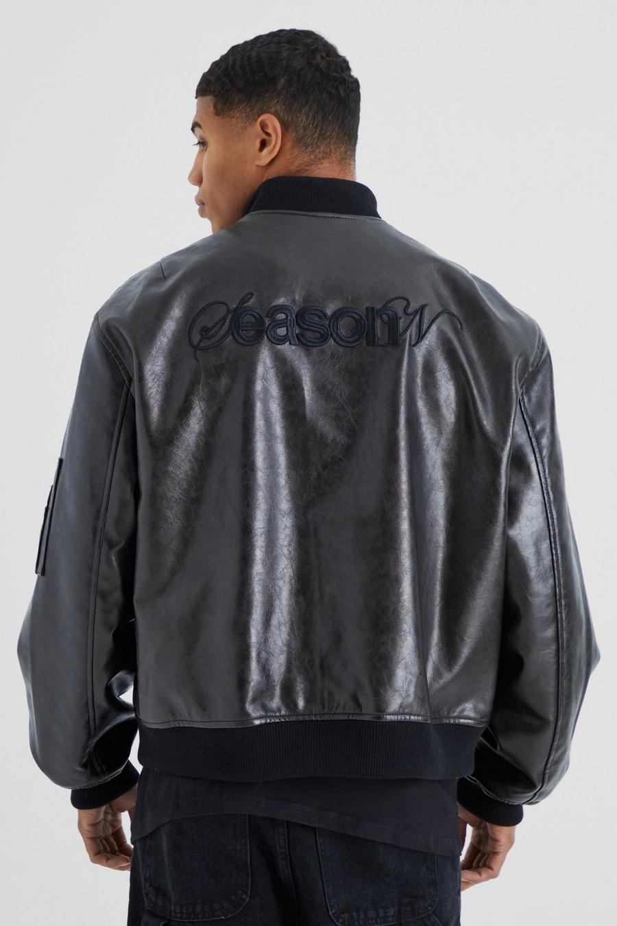 Chaqueta bomber de cuero sintético con brillo intenso y bordado, Black