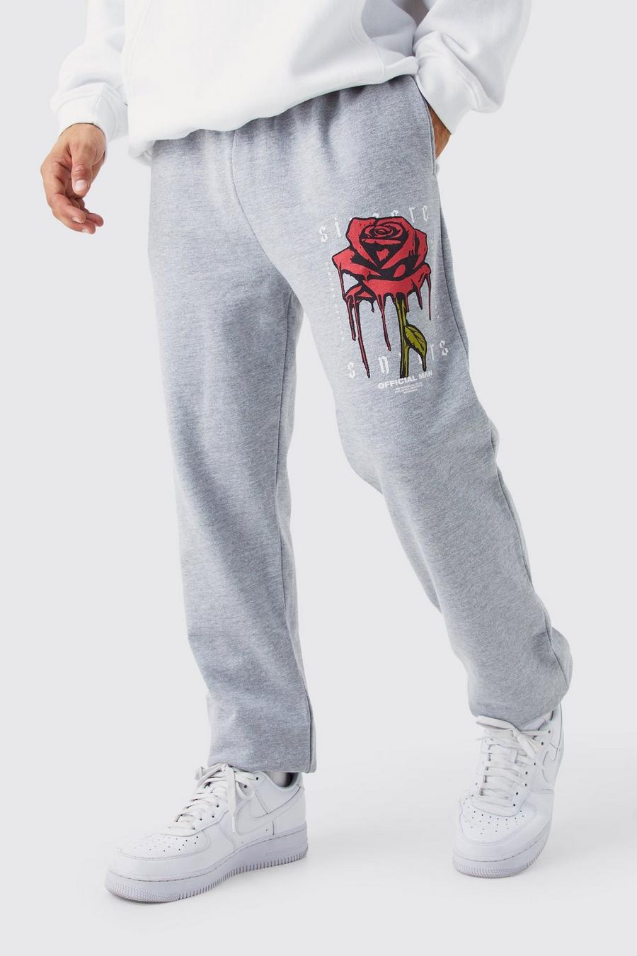Pantalón deportivo con estampado gráfico de rosas, Grey marl
