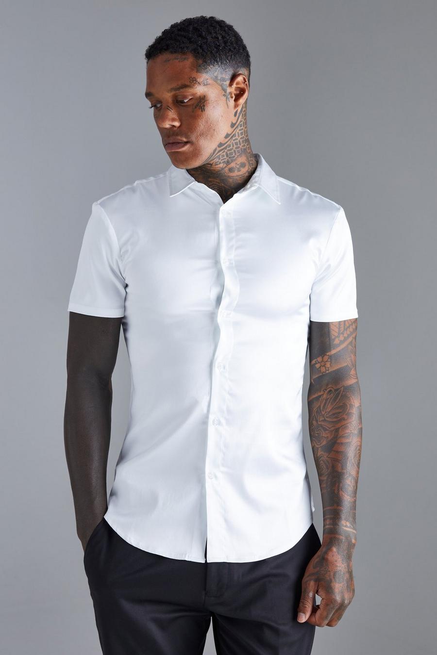 Kurzärmliges Muscle-Fit Hemd aus Satin, White image number 1