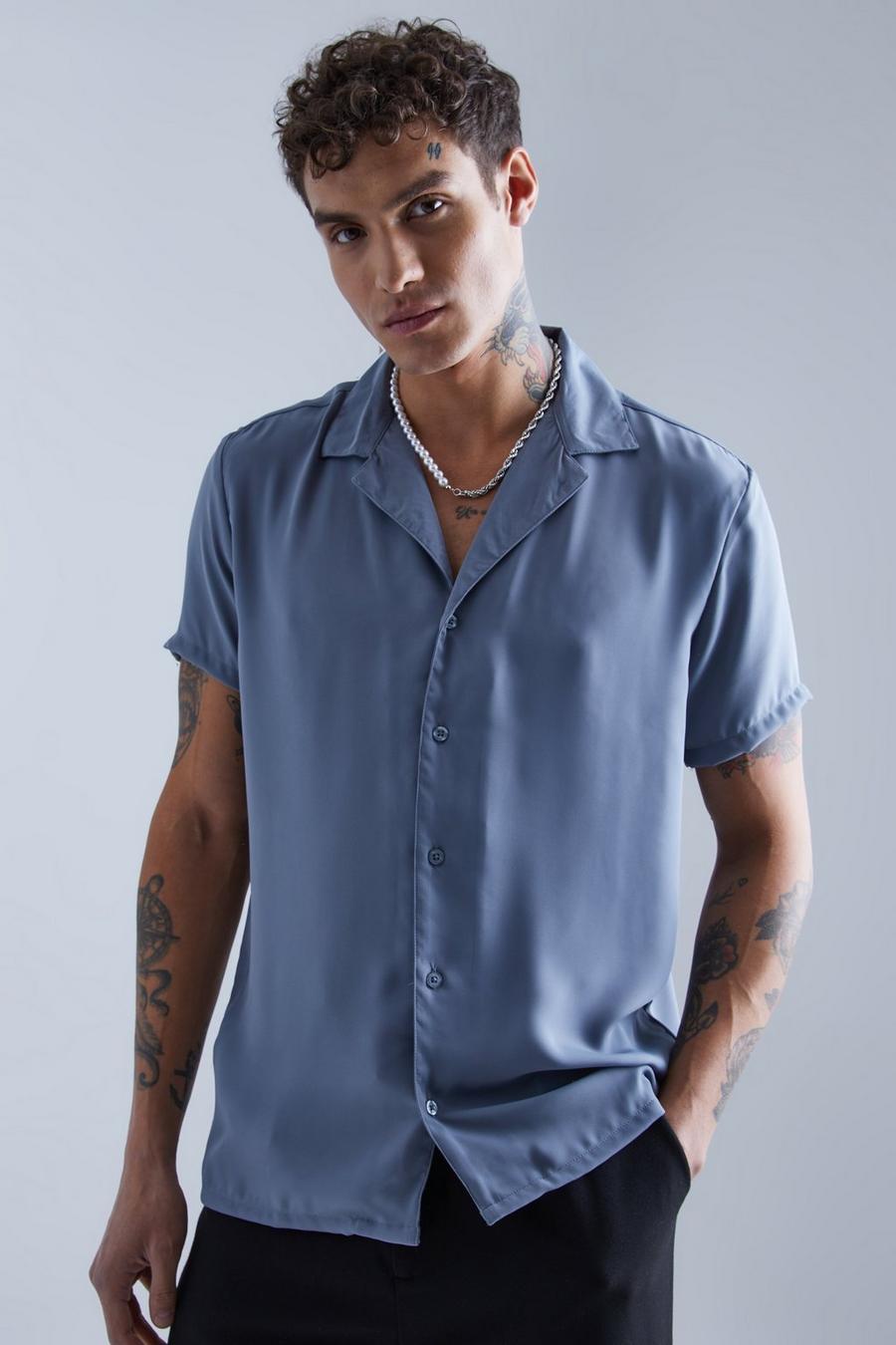 Camisa de manga corta efecto raso con solapas, Slate blue