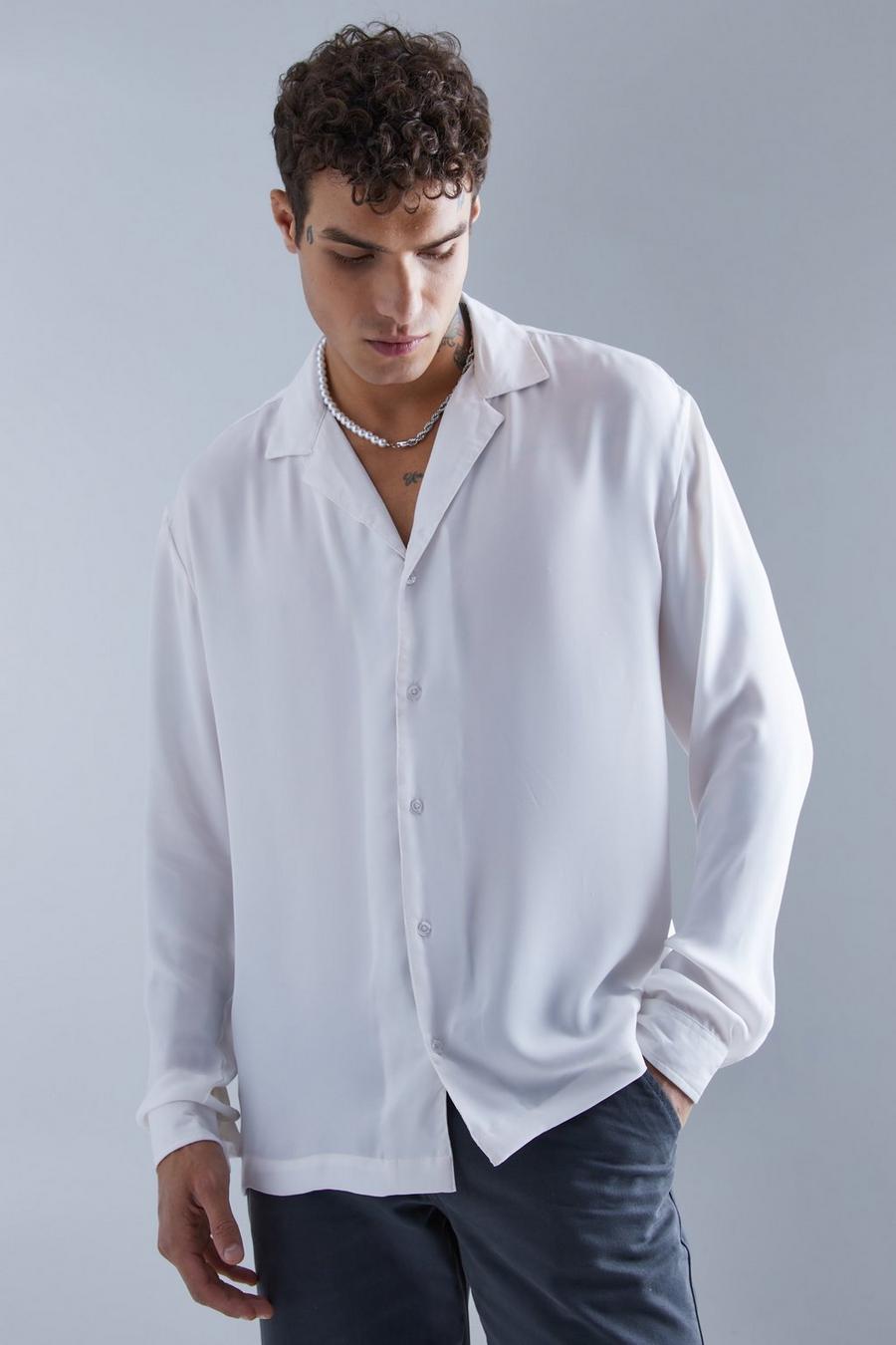 Camicia a maniche lunghe effetto raso con rever scesi, White