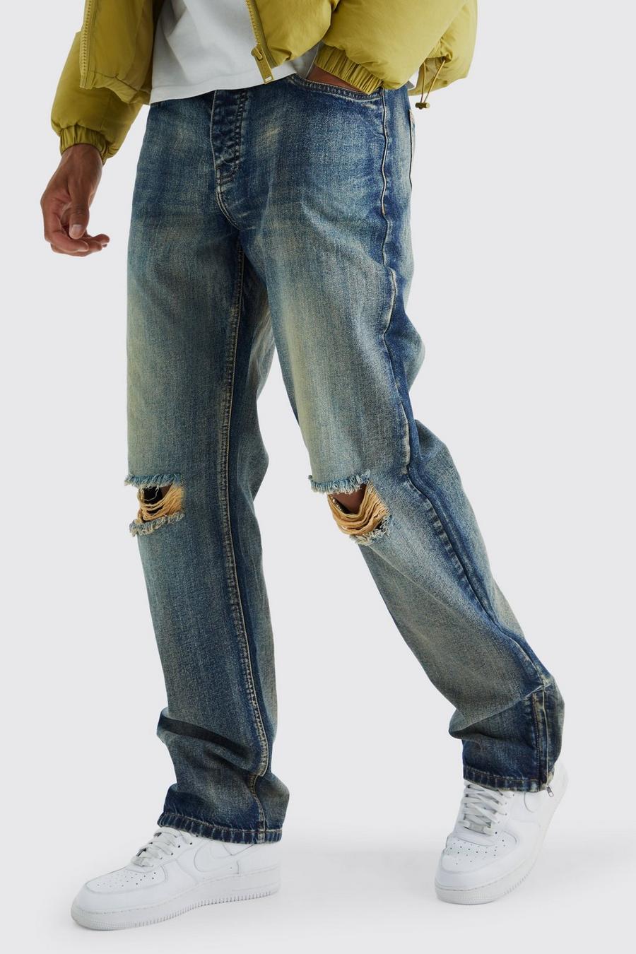 Jeans Tall rilassati in denim rigido con zip sul fondo, Antique wash