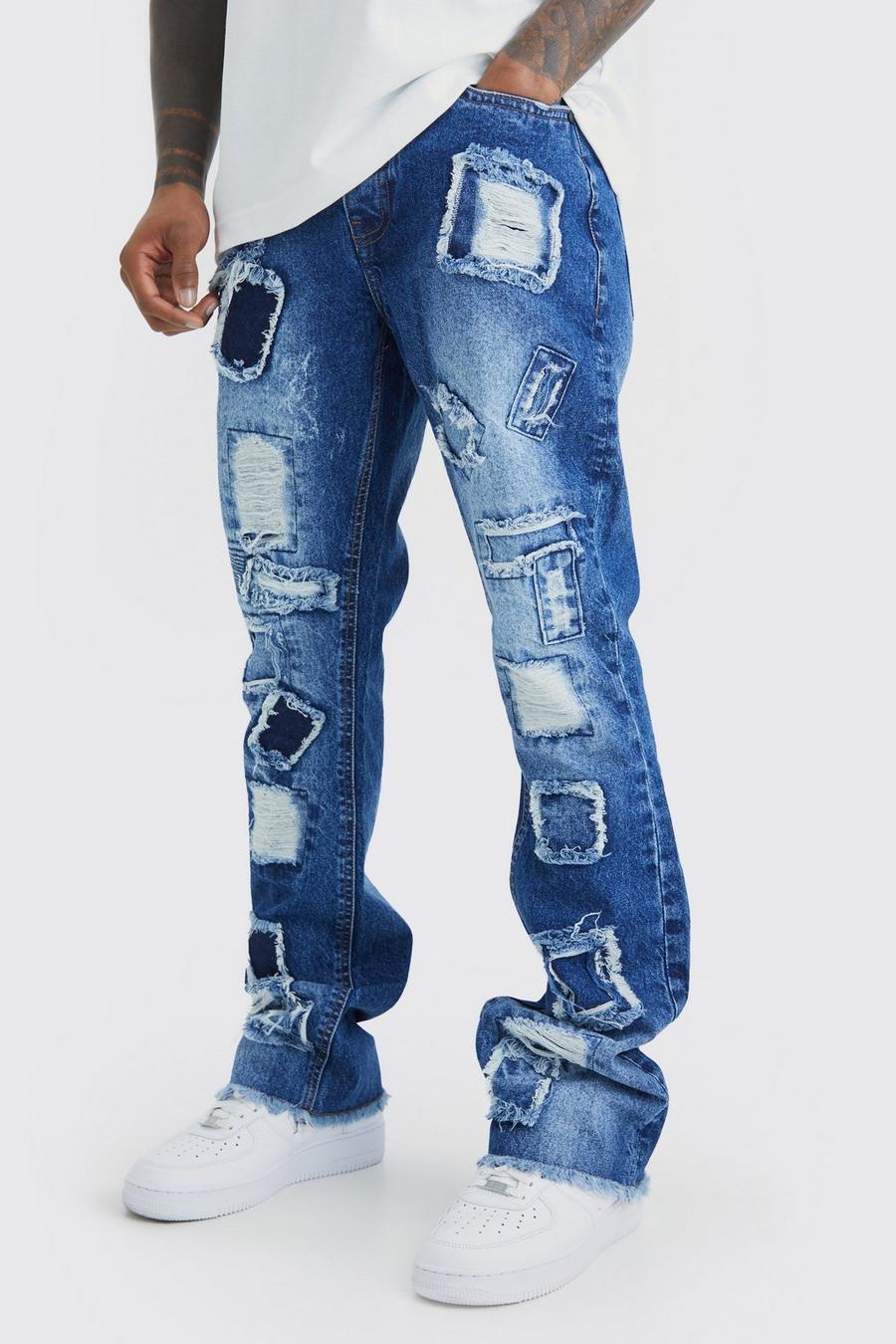 Jeans a zampa Slim Fit in denim rigido effetto smagliato effetto patchwork, Dark blue image number 1