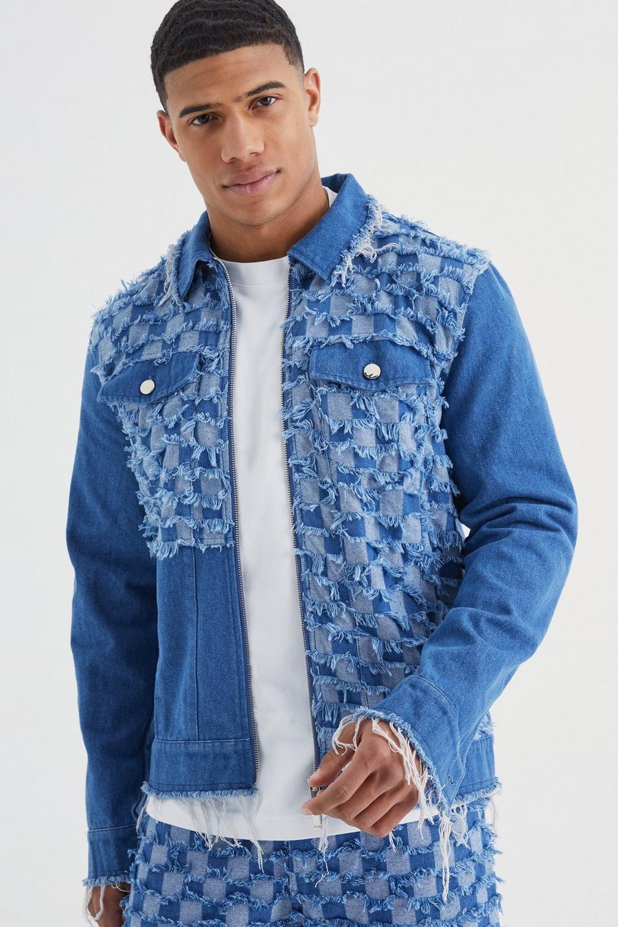 Mid blue Checkerboard Spliced Denim Jacket