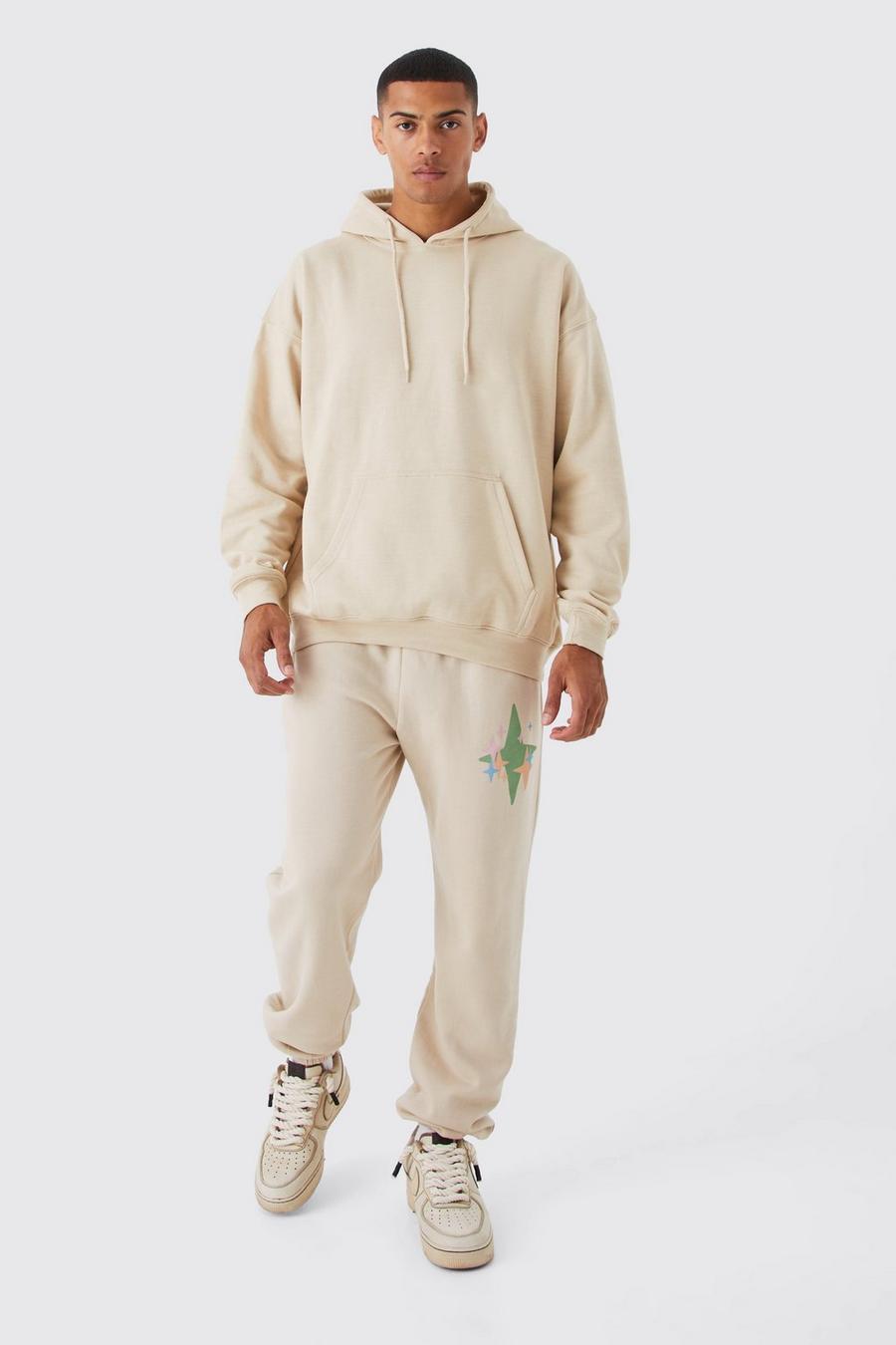 Sand Oversized Blurred Star Hooded Tracksuit