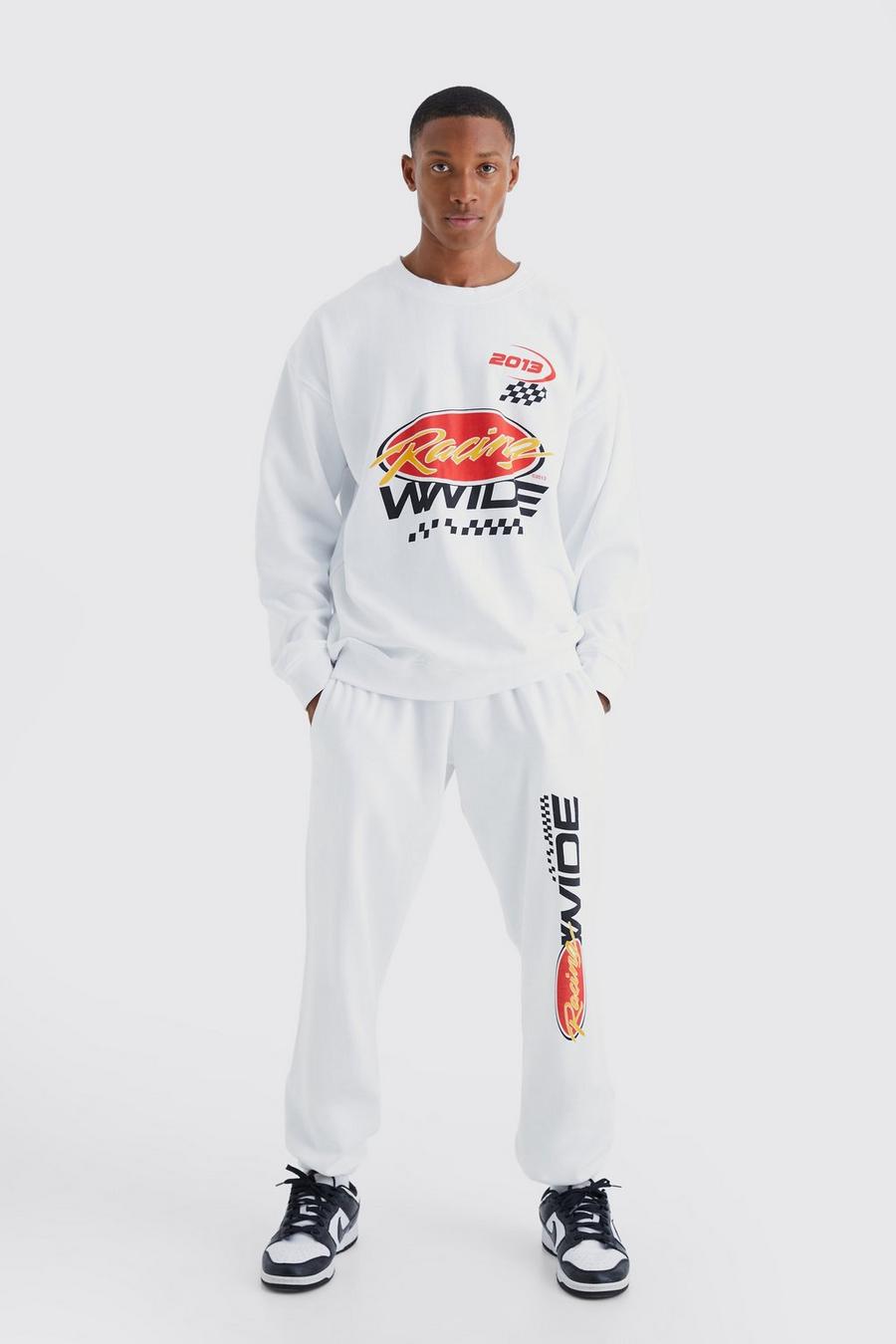 Oversize Sweatshirt-Trainingsanzug mit Racing Moto Print, White