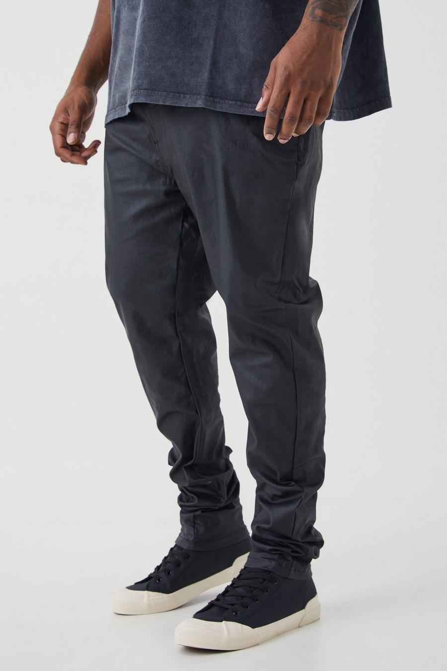 Pantaloni Plus Size Skinny Fit in twill rivestito con pieghe sul fondo, Black