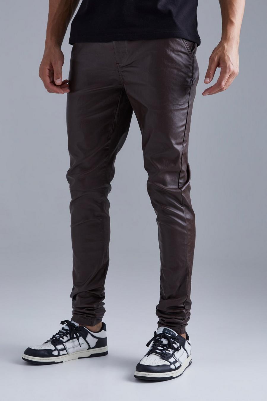 Pantaloni Tall Skinny Fit in twill rivestito con pieghe sul fondo, Chocolate