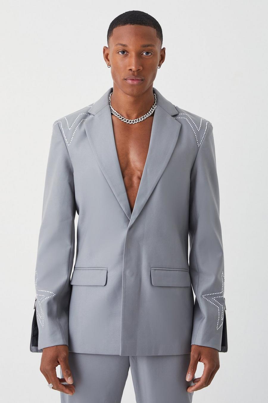 Slate grey Slim Fit Blazer With Rhinestone Embellishment