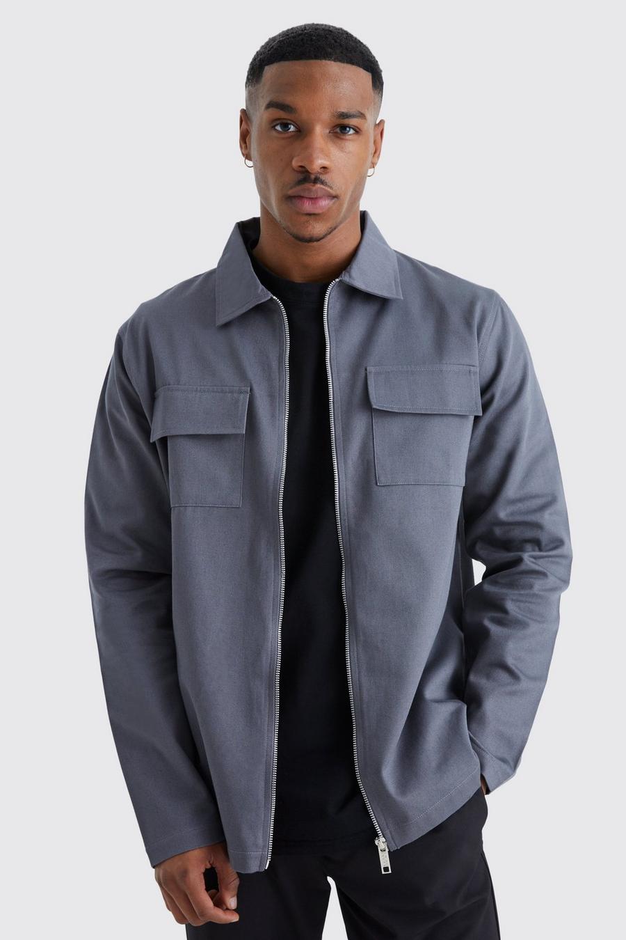 Charcoal Longsleeve Zip Fastening Twill Overshirt image number 1