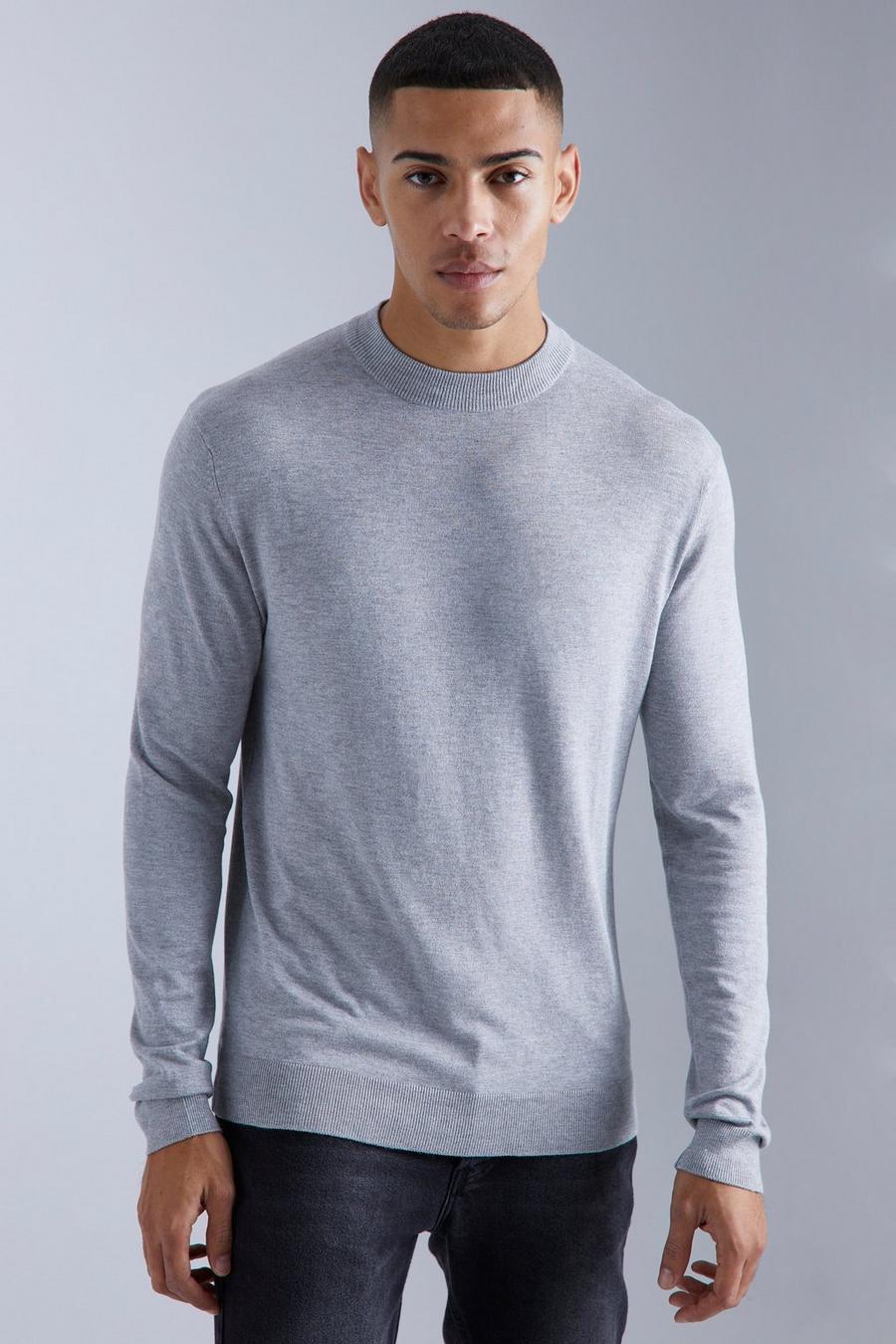 Grey marl Muscle Fit Ribbed Extended Neck Jumper