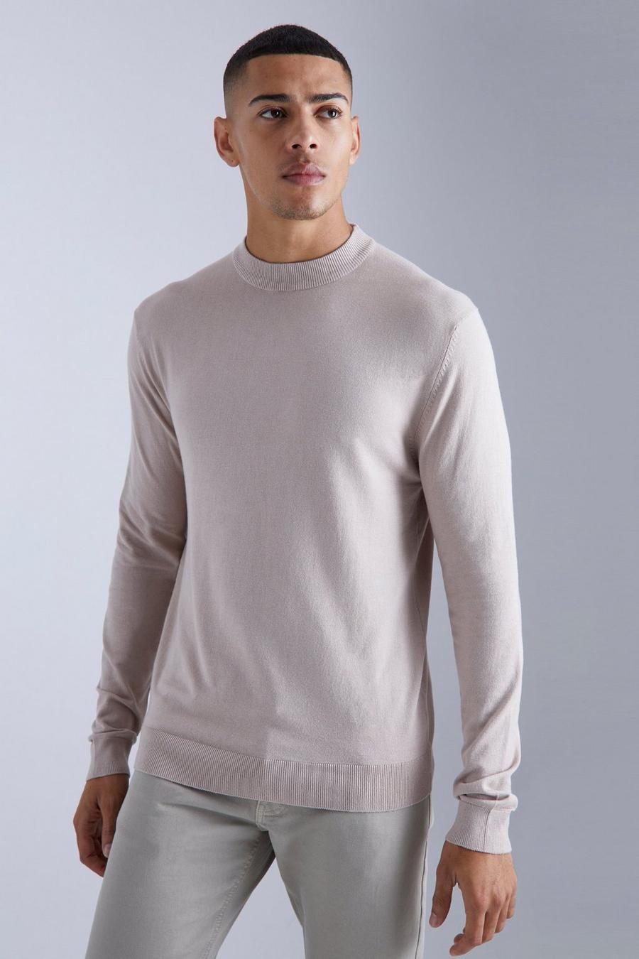 Taupe Muscle Fit Ribbed Extended Neck Jumper