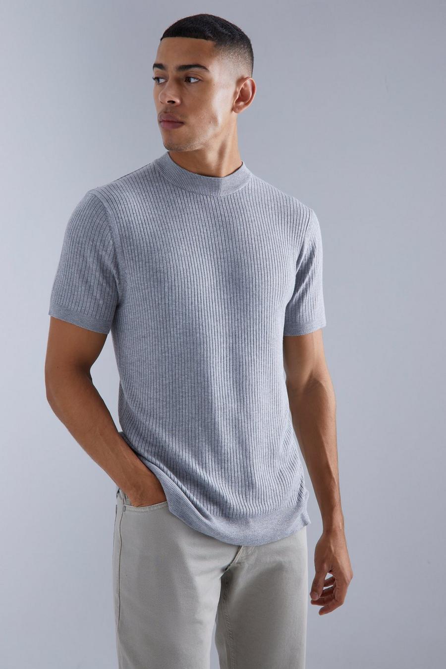 Camiseta de punto y canalé de manga corta con cuello extendido, Grey marl