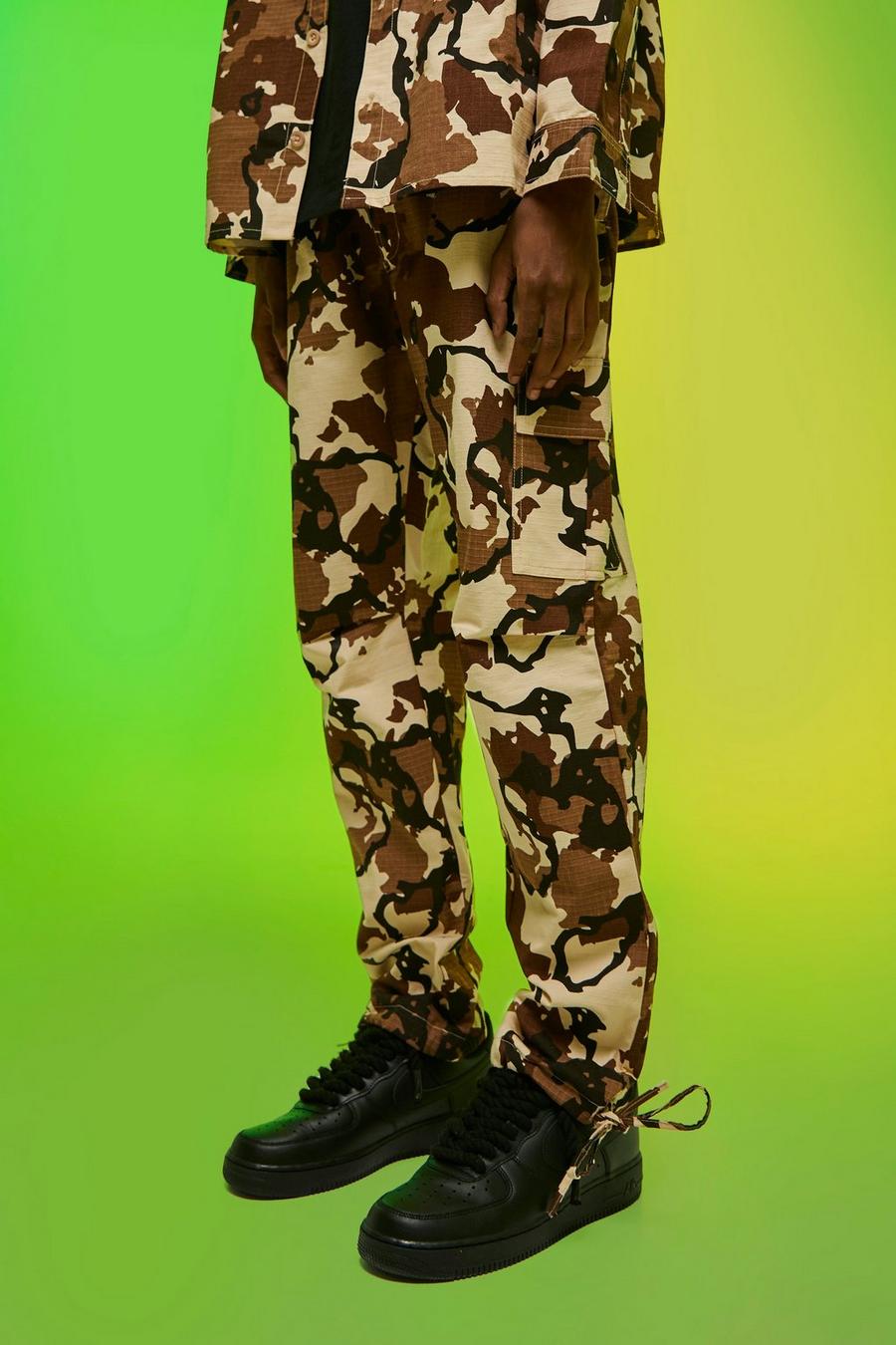 Pantaloni dritti in nylon ripstop in fantasia militare con fascia in vita fissa, Multi