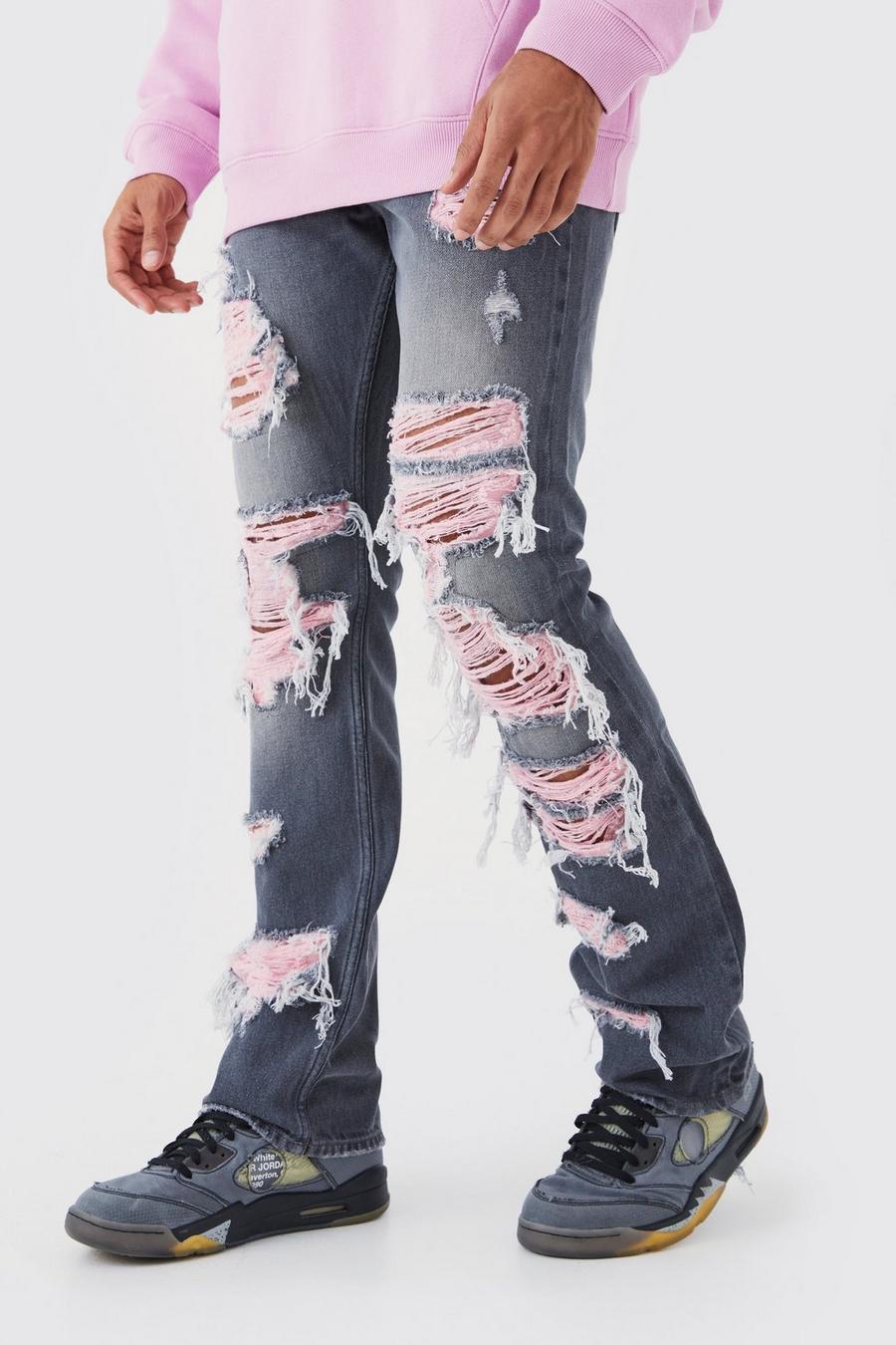 Jeans a zampa Slim Fit in denim rigido con strappi a contrasto, Mid grey