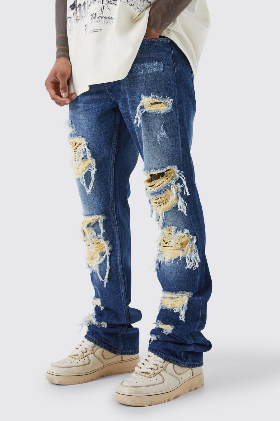 Jeans a zampa Slim Fit in denim rigido con strappi a contrasto, Dark blue