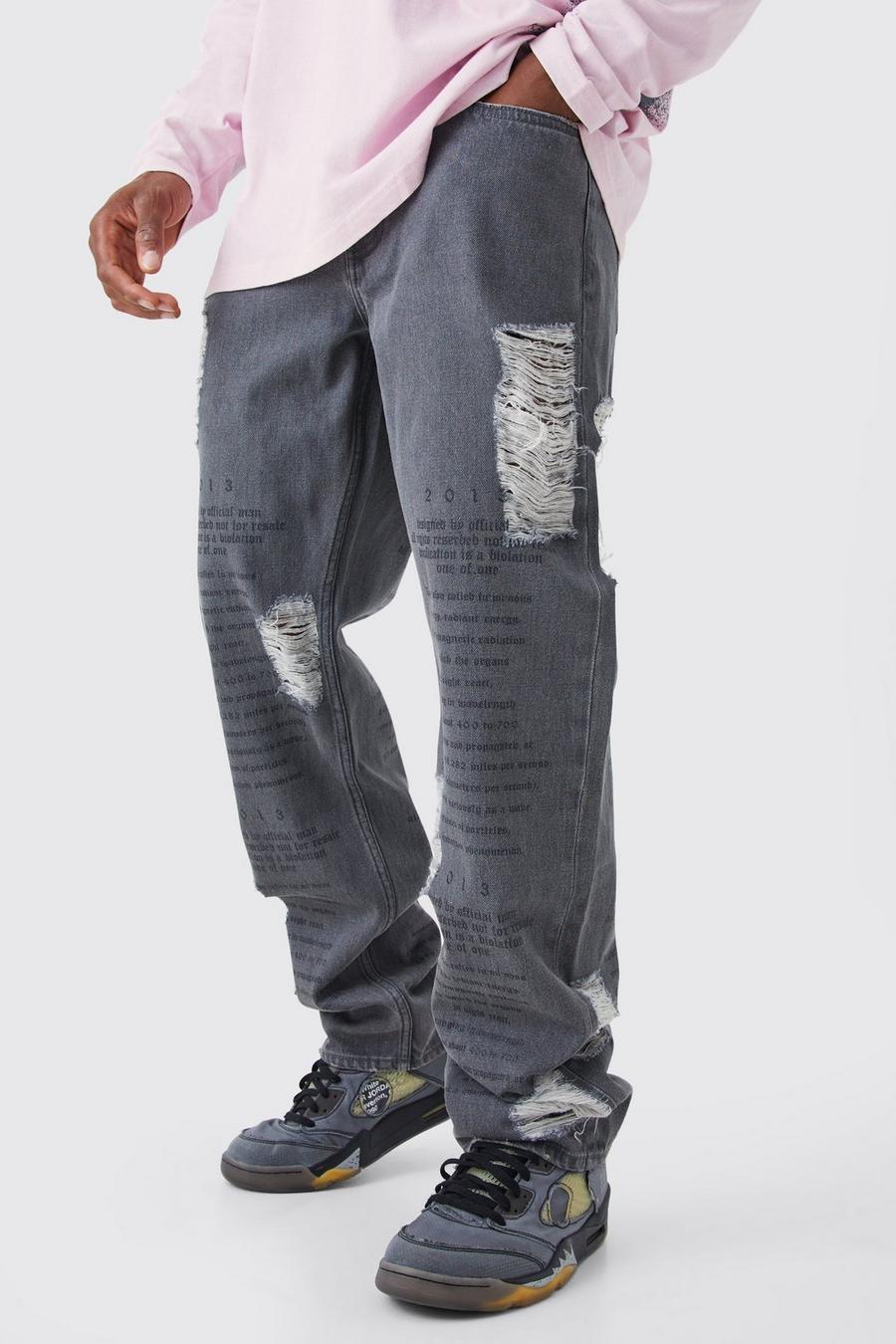 Jeans rilassati in denim rigido effetto smagliato con testo al laser, Grey