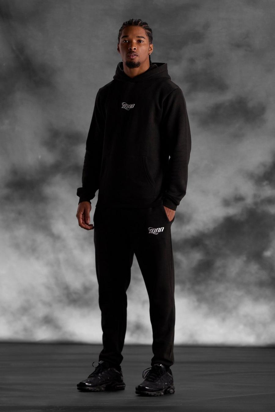 Man Slim-Fit Trainingsanzug mit Kapuze, Black