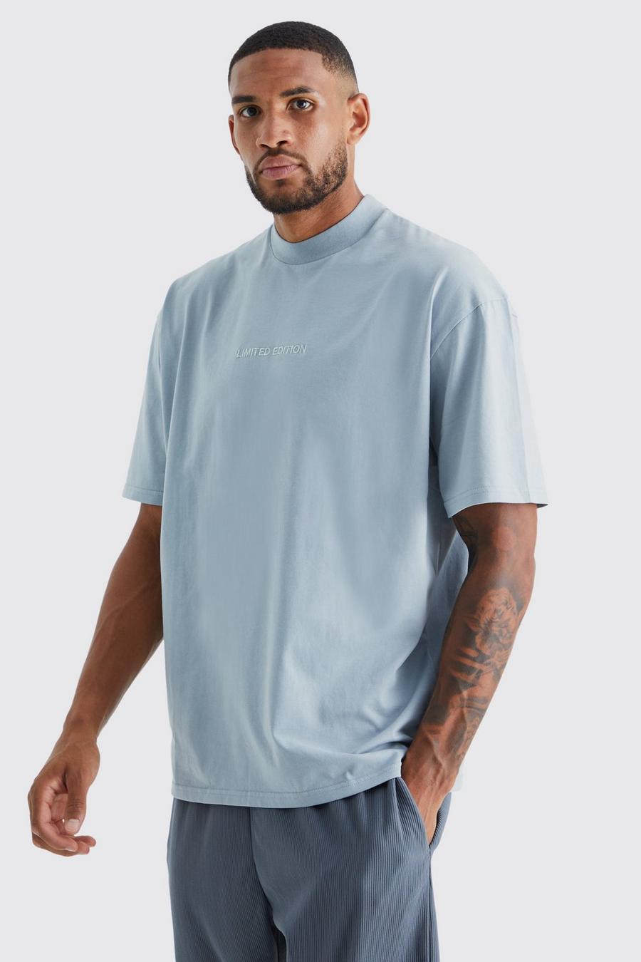 T-shirt Tall oversize pesante con girocollo esteso, Dusty blue