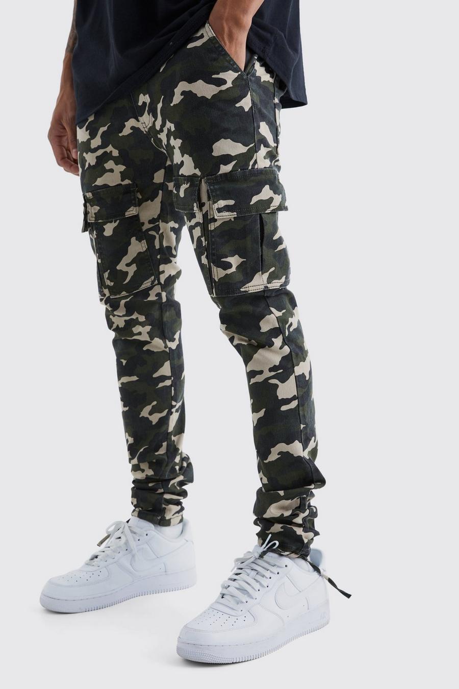 Khaki Skinny Stacked Multi Cargo Camo Trouser