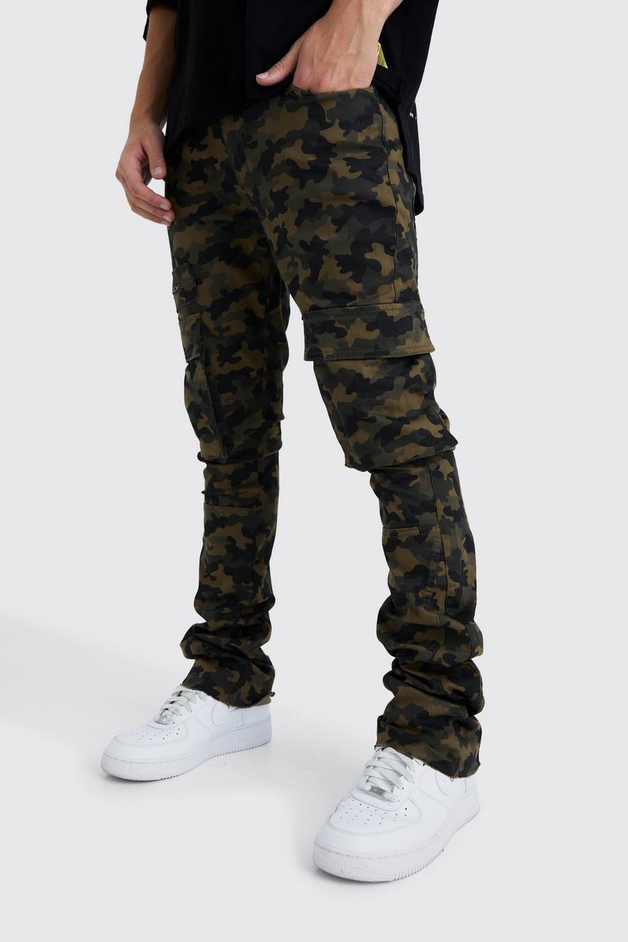 Brown Skinny Stacked Flare Gusset Camo Cargo Trouser