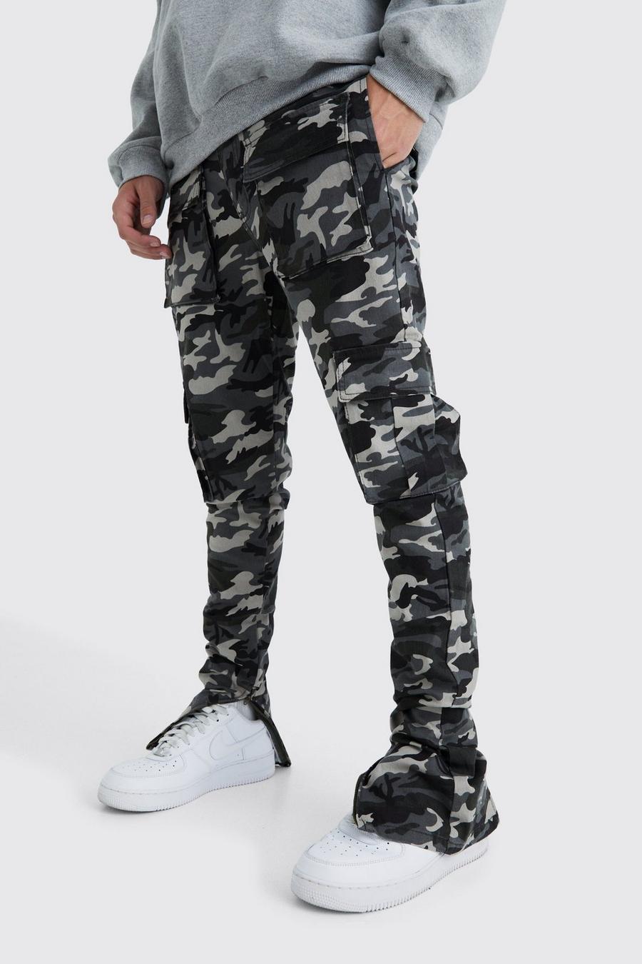 Pantaloni Cargo Skinny Fit in fantasia militare con pieghe sul fondo, Charcoal