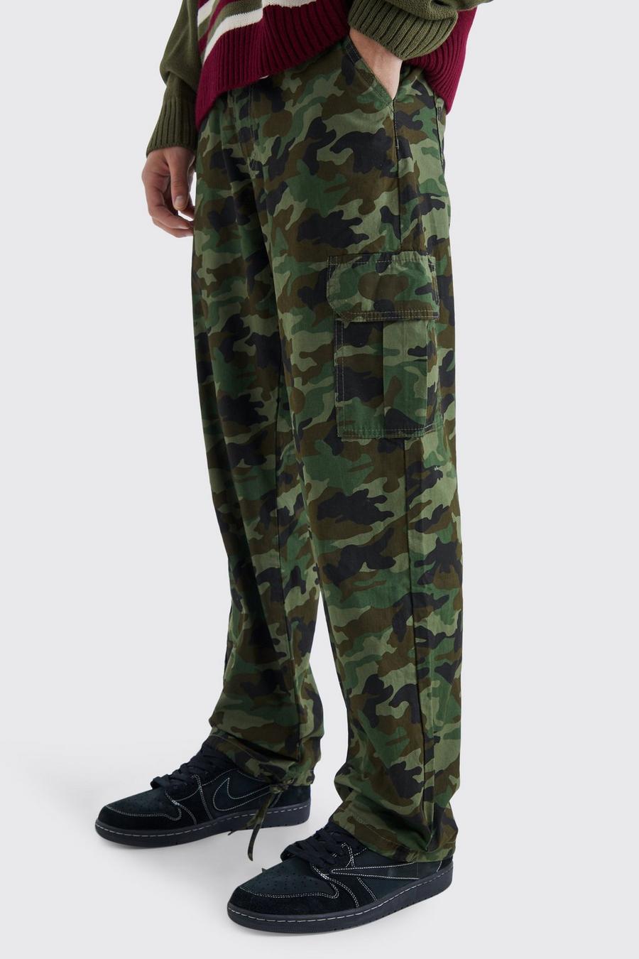 Pantalon cargo ample à imprimé camouflage, Khaki