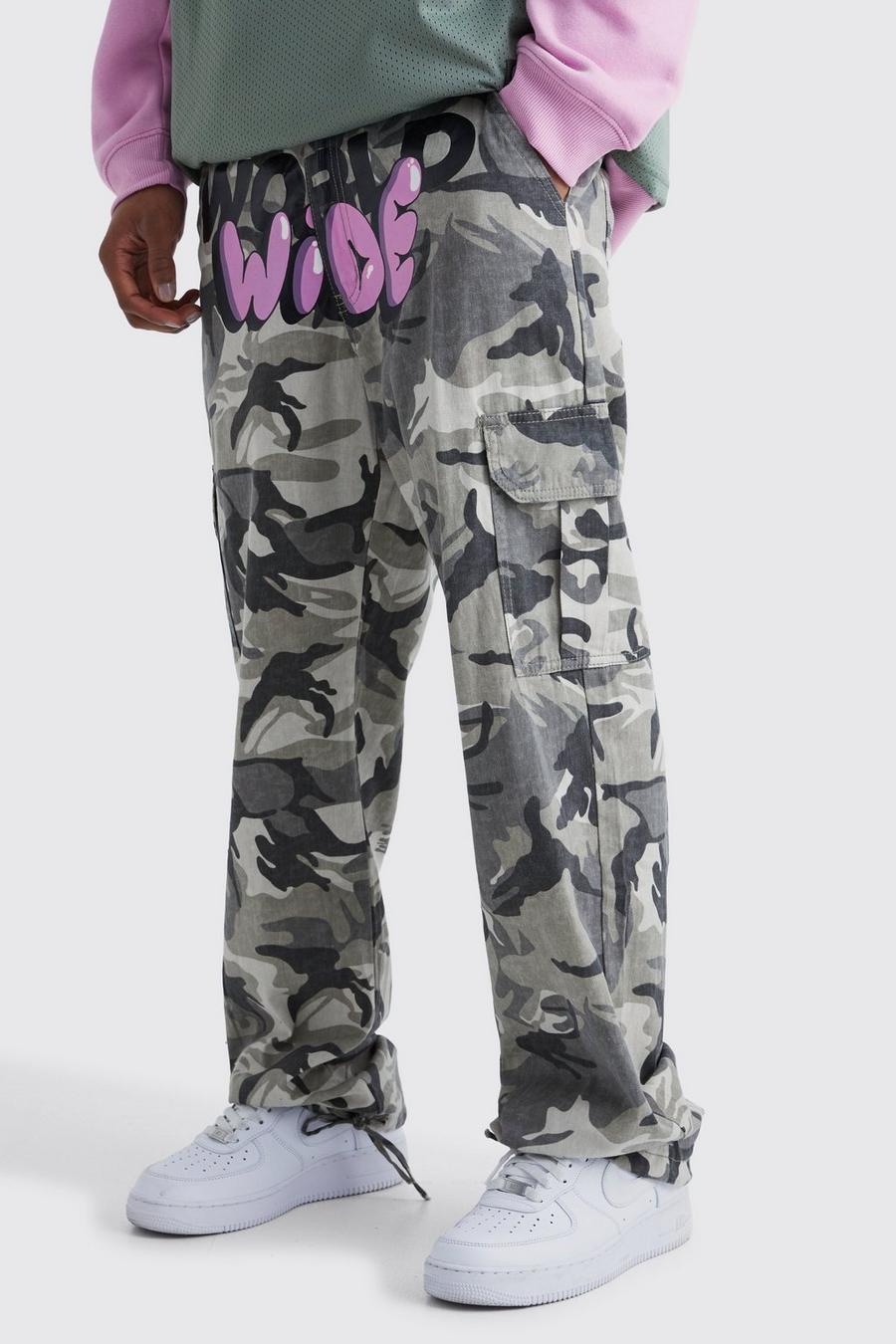 Charcoal Relaxed Crotch Print Tie Hem Camo Cargo Trouser