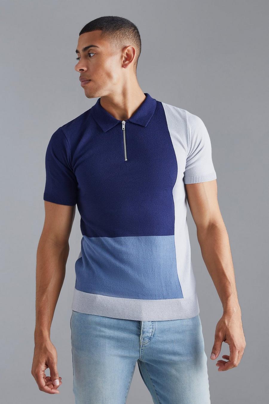 Navy Color Block Muscle Fit Polo