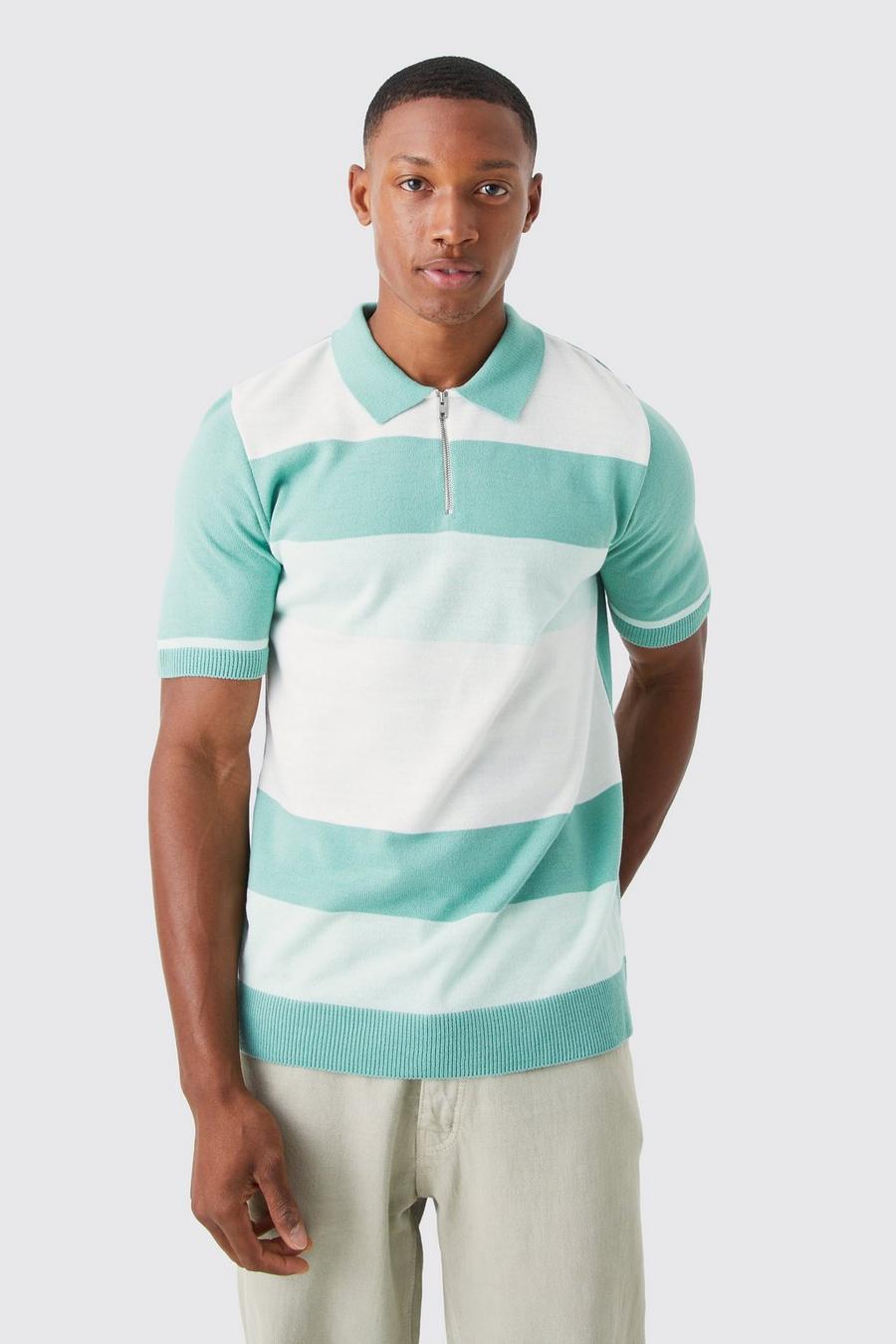 Sage Gestreepte Muscle Fit Color Block Polo