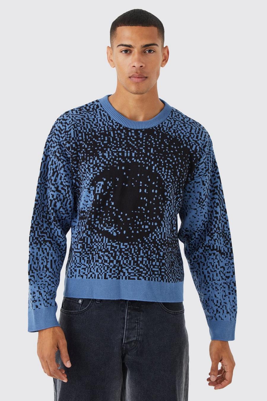 Maglione squadrato in maglia con grafica di occhi e spalle scese, Blue