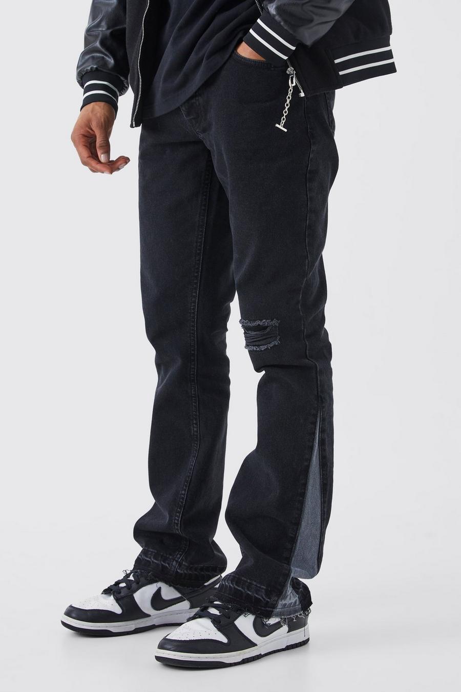 Jeans a zampa Slim Fit in denim rigido con strappi e inserti a contrasto, Washed black