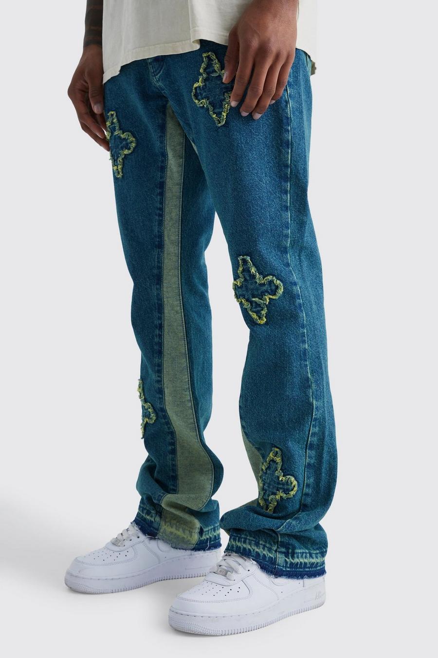 Jeans Slim Fit in denim rigido sovratinti con applique a zampa e inserti, Green