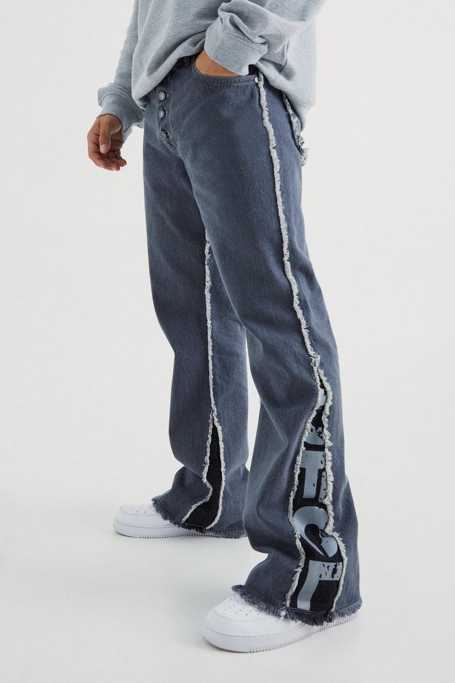Jeans a zampa in denim rigido rilassati con pannelli, Mid grey