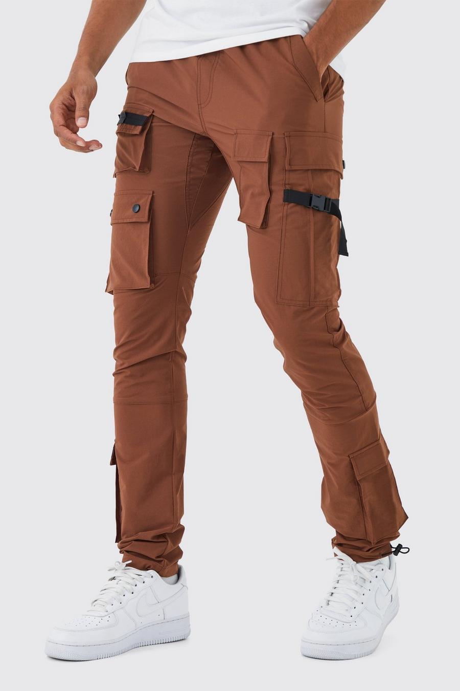 Brown Elasticated Waist Slim Multi Cargo Strap Trouser