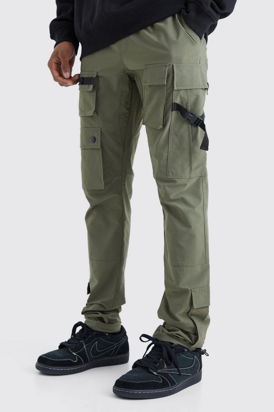 Olive Elastic Waist Slim Multi Cargo Strap Trouser
