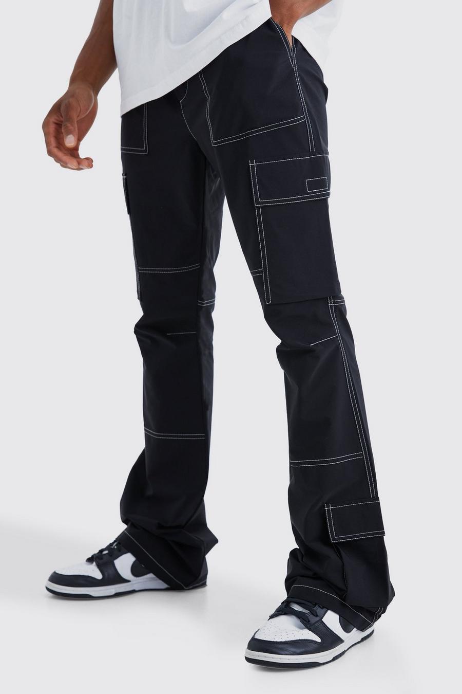 Pantaloni Cargo Slim Fit a zampa con vita elasticizzata e cuciture a contrasto, Black