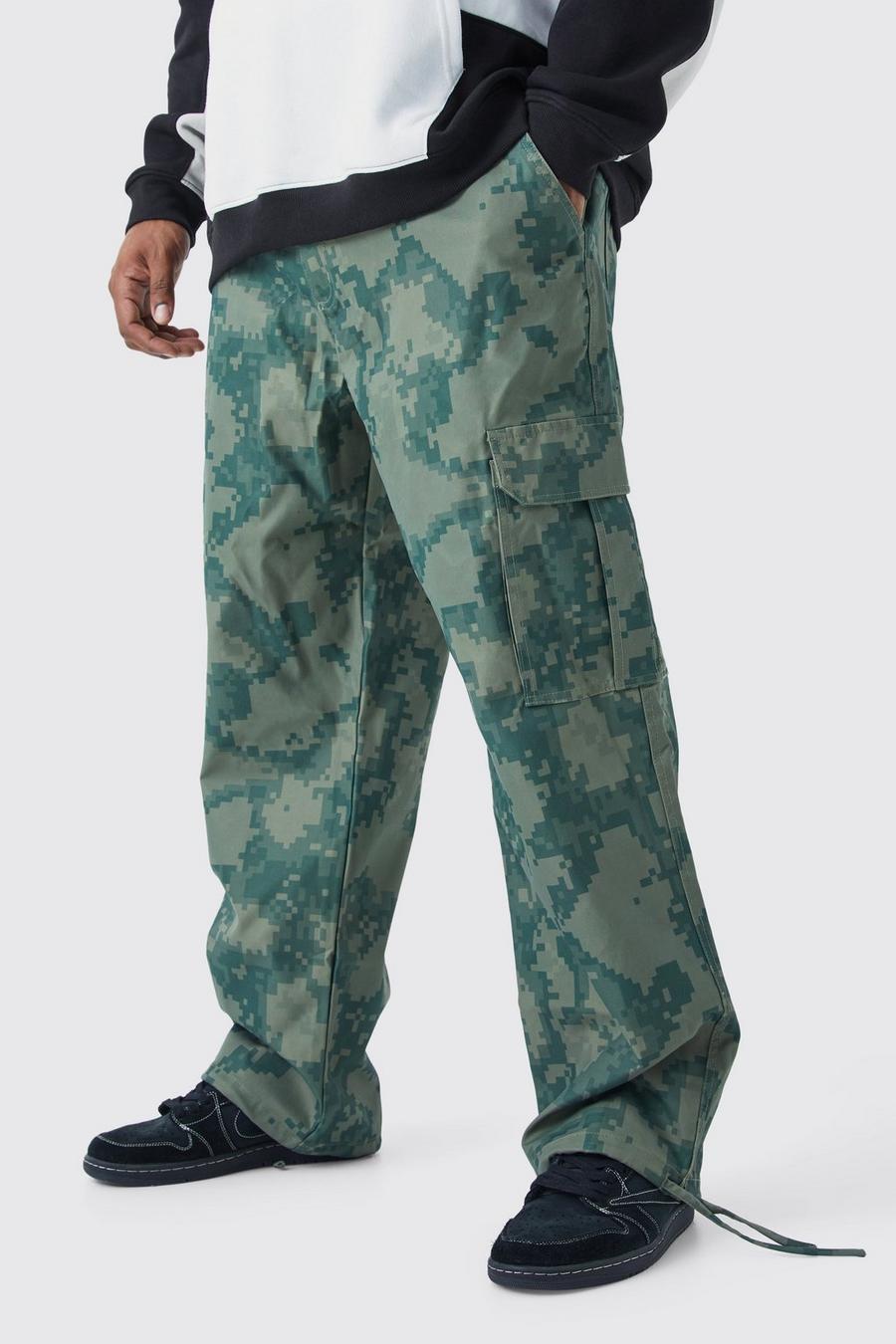 Pantalón Plus cargo holgado con cintura fija y estampado de camuflaje, Khaki