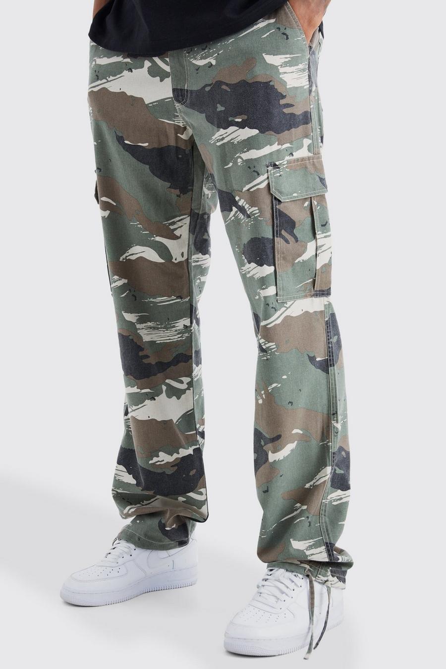 Stone Tall Fixed Waist Relaxed Camo Cargo Trouser