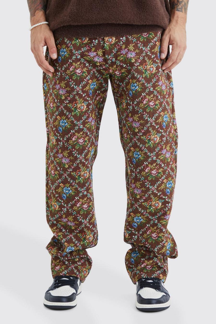 Pantalón con cintura fija y estampado de flores estilo tapiz, Chocolate