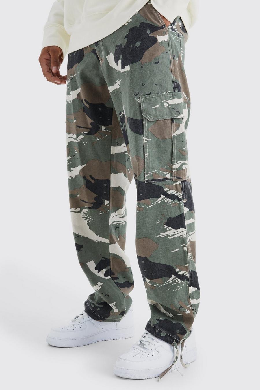 Stone Fixed Waist Relaxed Camo Cargo Trouser