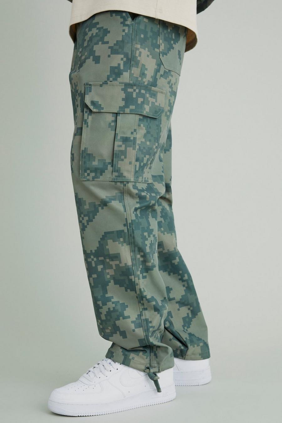 Pantalón cargo holgado con cintura fija y estampado de camuflaje, Khaki