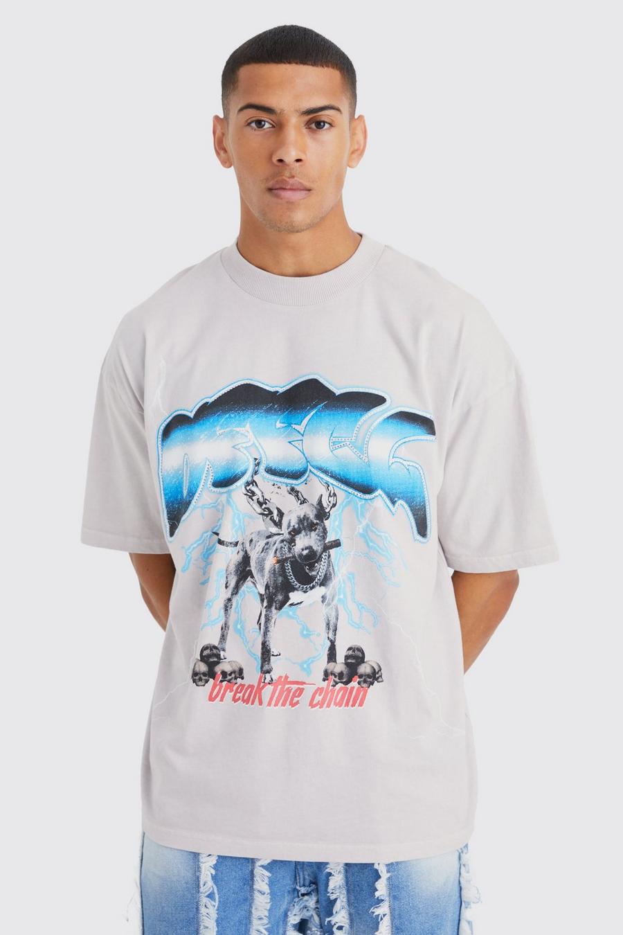 Beige Oversized Rhinestone T-Shirt Met Print
