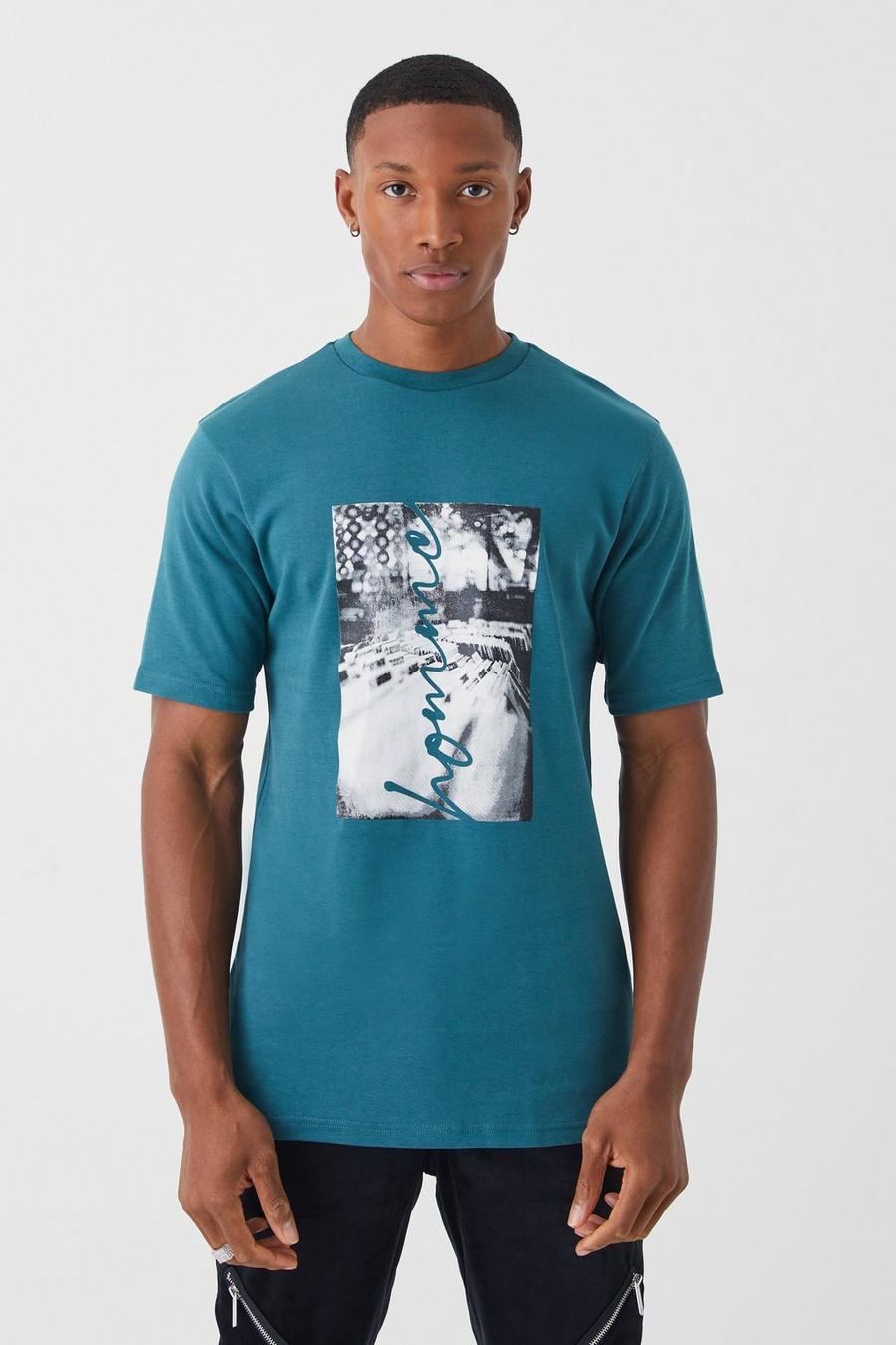 Teal Dik Verweven Slim Fit T-Shirt Met Foto image number 1