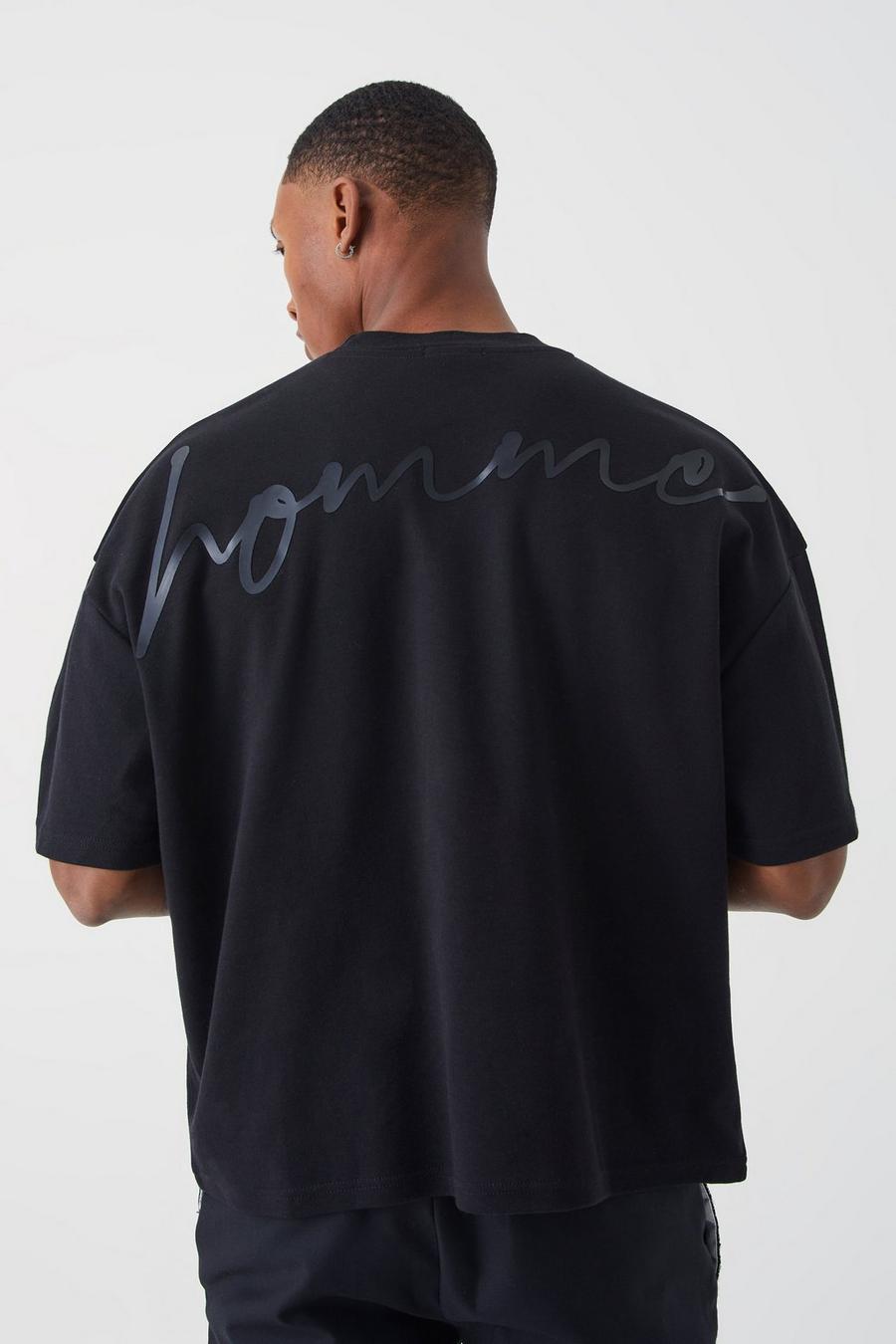 T-shirt squadrata oversize pesante con grafica Interlock, Black image number 1