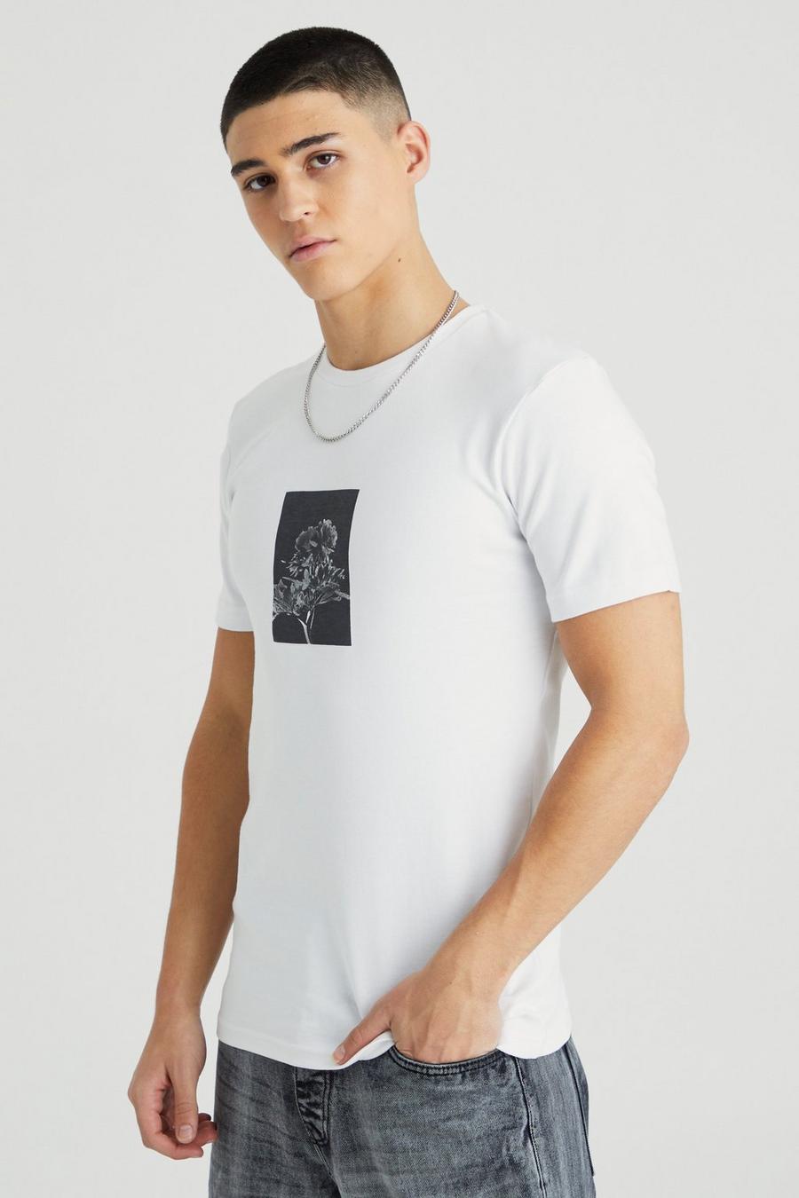 White Dik Verweven Rozen Muscle Fit T-Shirt Met Print