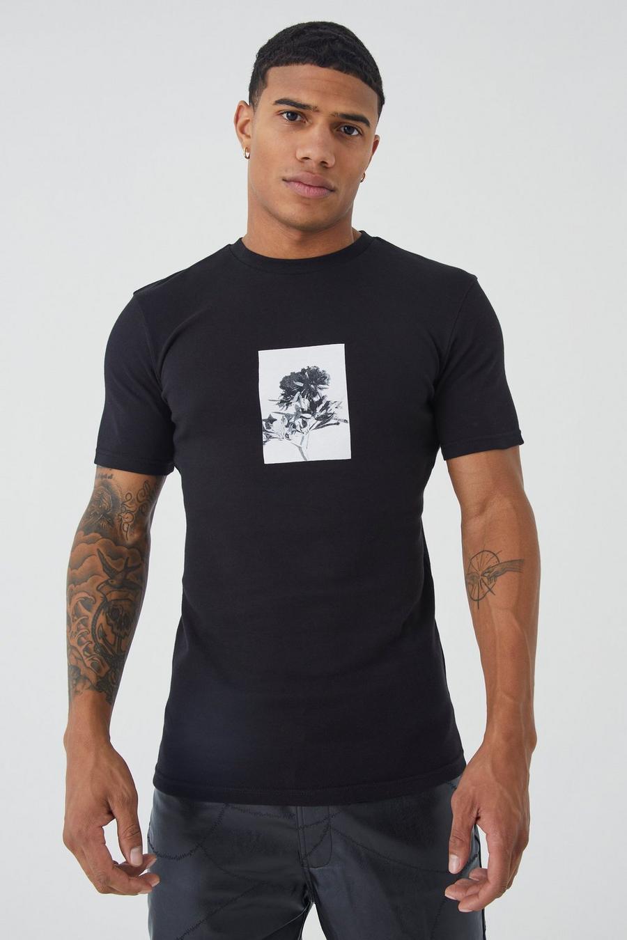 Camiseta gruesa ajustada al músculo con estampado gráfico de rosa, Black